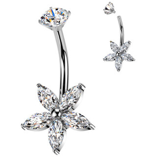 Piercing nombril acier � fleur de zirconiums en marquise