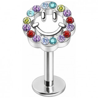 Piercing labret visage souriant rigolo � zirconiums multicolores (l�vre, h�lix, tragus...)