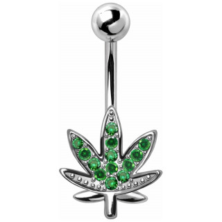 Piercing nombril � feuille de cannabis sertie de zirconiums verts