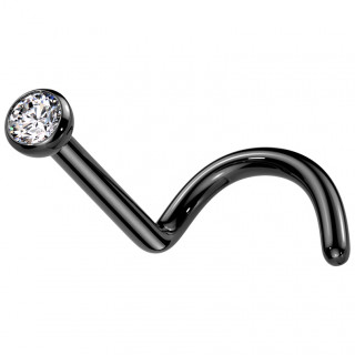 Piercing nez titane noir boule strass clair � tige en "U"