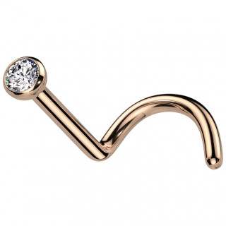 Piercing nez titane cuivr� "rose gold" boule strass clair � tige en "U"
