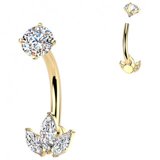 Piercing nombril acier dor� � fleur trilob�e en marquises de zirconium
