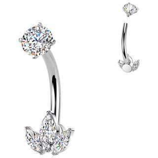 Piercing nombril acier � fleur trilob�e en marquises de zirconium
