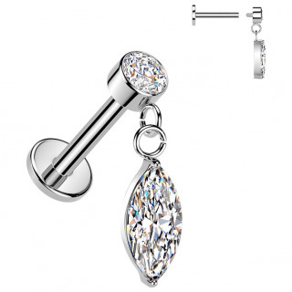 Piercing oreille acier � disque serti et pendentif marquise zirconium