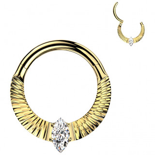 Anneau charni�re Titane dor� stri� fa�on �ventail serti zirconium en marquise