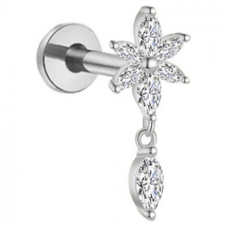 Piercing oreille Titane fleur de zirconiums � pierre suspendue (lobe, tragus, helix...)