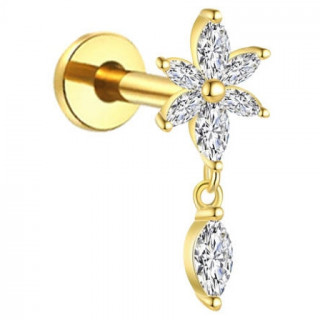Piercing oreille Titane dor� fleur de zirconiums � pierre suspendue (lobe, tragus, helix...)