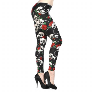 Leggings goth-rock Banned noir  roses rouges, barbels et ttes de morts blanches