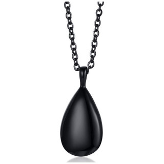 Médaillon noir en forme de larme / goutte en acier (chaine incluse)