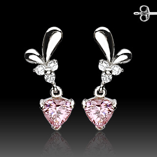 Boucles d'oreilles argent  pendants coeurs roses sertis