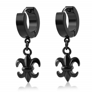 Paire de boucles d'oreilles en acier avec fleur de lys noire suspendue