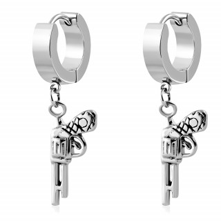 Paire de boucles d'oreilles en acier avec pistolet rvolver suspendu