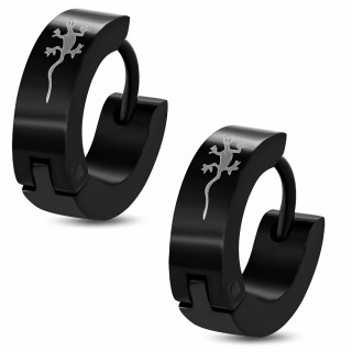 Paire de boucles d'oreilles noires en acier avec petit lézard imprimé