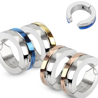 Paire de fausses boucles d'oreilles homme en acier à bandes bicolores