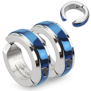 Paire de fausses boucles d'oreilles homme en acier à bandeau bleu