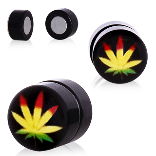 Paire de faux plugs d'oreille  feuille de cannabis rasta (magntique - sans perage)