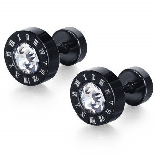 Paire de Faux plugs noirs en acier  chiffres romains et zirconium