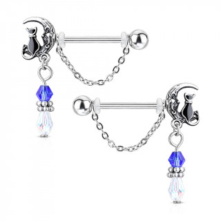 Paire de piercings tton  chat sur la lune et pendentif