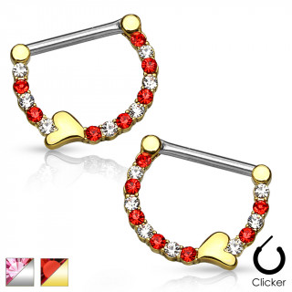 Paire de piercings tton  clips  arc de strass bicolore avec petit coeur