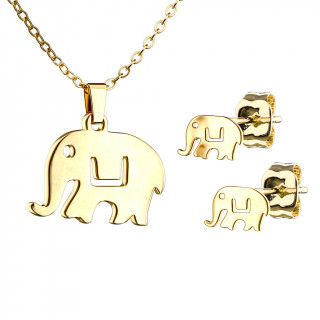 Parure acier doré à éléphant (collier et boucles d'oreilles)