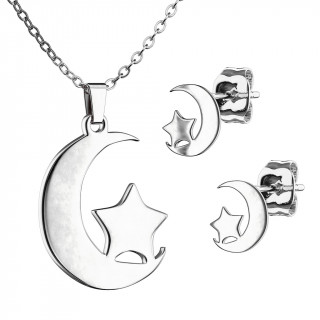 Parure acier inox  lune toile (collier et boucles d'oreilles)