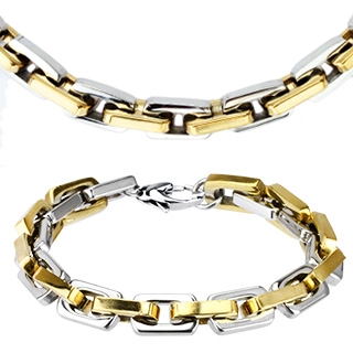 Parure collier et bracelet acier  mailles rectangulaires bicolores