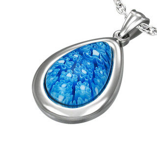 Pendentif acier à goutte fleurie bleue en verre style murano