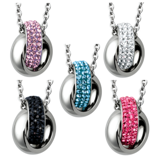 Pendentif acier anneaux croisés pavé de pierres