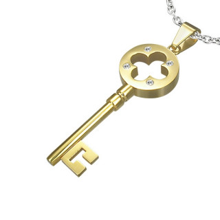 Pendentif acier clé dorée sertie avec fleur ajourée