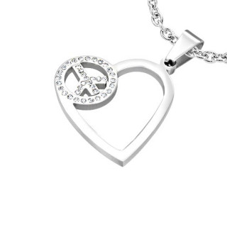 Pendentif acier coeur ajouré et signe de Paix serti