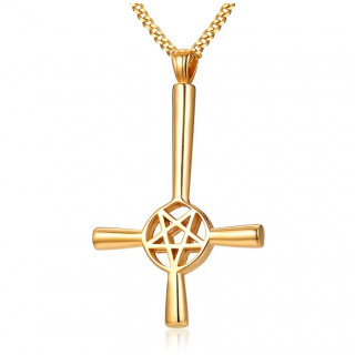 Pendentif acier croix de satan dorée (inversée et pentacle)