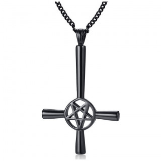 Pendentif acier croix de satan noire (inverse et pentacle)