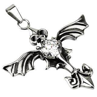 Pendentif acier croix gothique à ailes et fleur de Lys