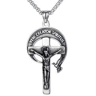 Pendentif acier croix Jesus "Veni creator spiritus"