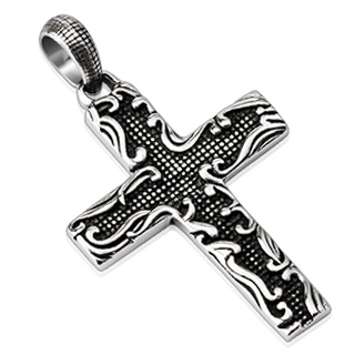 Pendentif acier croix noircie  reliefs style serpents