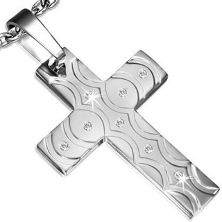 Pendentif acier croix sertie  rainures arrondies