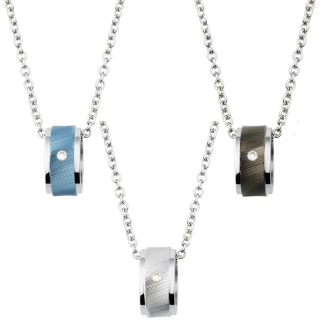Pendentif acier double anneau rainuré serti