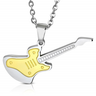 Pendentif acier guitare electrique argente et dore