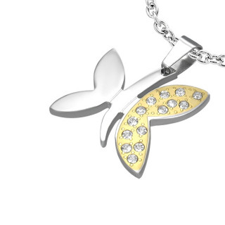 Pendentif acier papillon abstrait doré et argenté serti