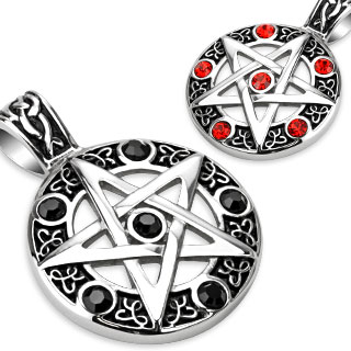 Pendentif acier pentagramme cercl  pierres noires