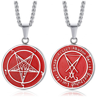 Pendentif acier  pentagramme satanique emaill rouge