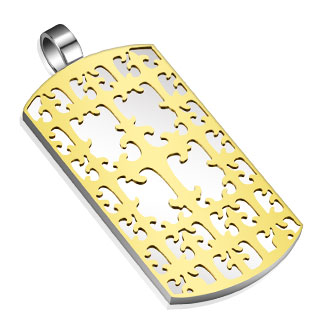 Pendentif acier plaque avec croix dorées liées