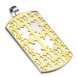 Pendentif acier plaque avec croix dores lies