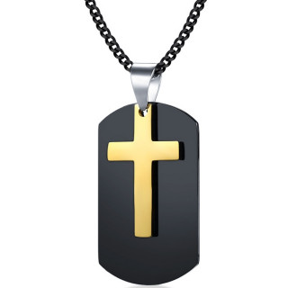 Pendentif acier plaque noire et croix dore