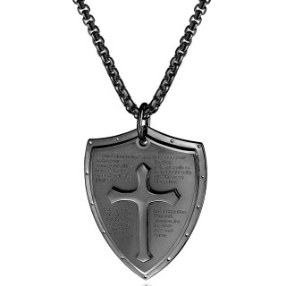 Pendentif bouclier acier noir à gravure "Notre père"
