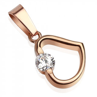 Pendentif coeur en acier cuivré traversé d'une pierre claire
