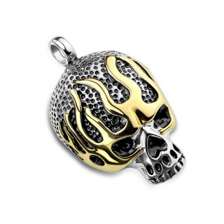 Pendentif crane brulé en acier à flamming doré