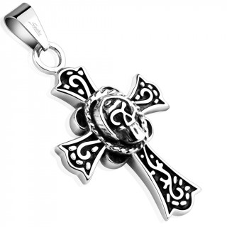 Pendentif croix celtique dcoree en acier avec crane