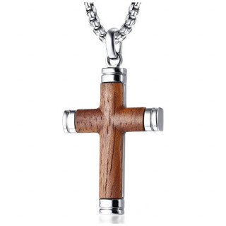 Pendentif croix en acier et bois marron clair