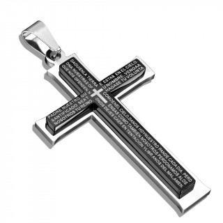 Pendentif croix homme en acier noir et inox avec prire